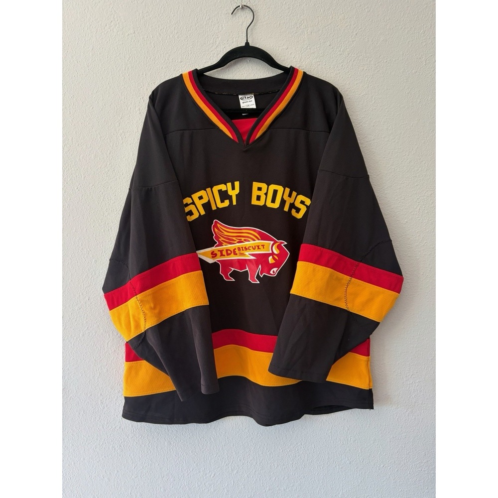 Spicy Boys Side Biscuit Hockey Jersey Black Red Yellow Athletic Knit Mens L 10